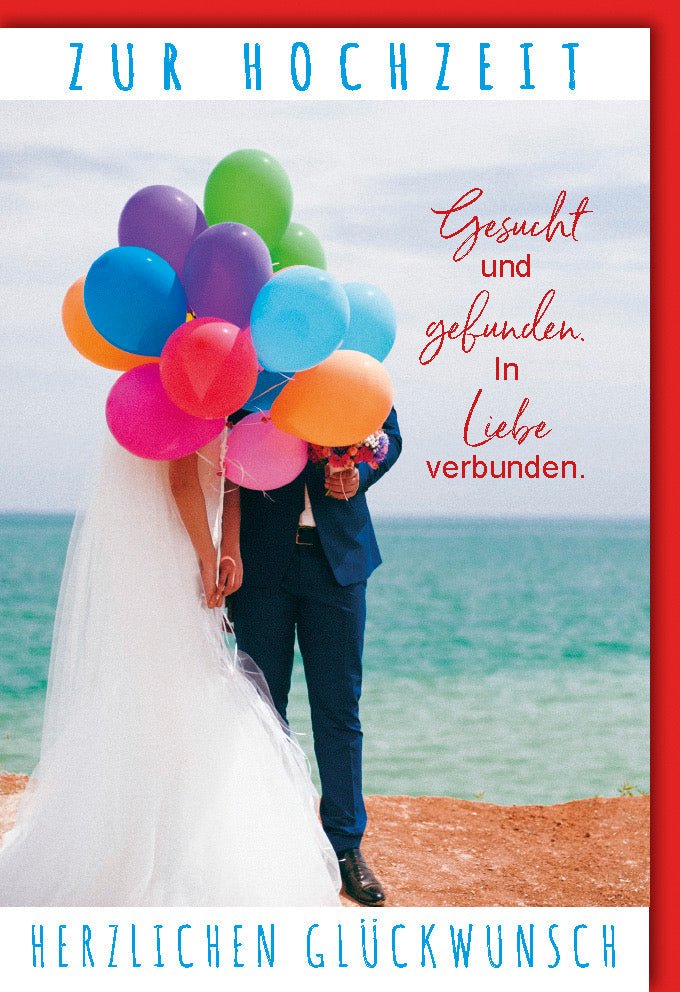 Hochzeits - Doppelkarte mit Ballons & Meer Motiv - Romantische Glückwunschkarte zur Eheschließung, Liebevolle Gratulation für Paare, Feier der Zweisamkeit, Festliche Hochzeitsglückwünsche, Symbol der Ehe & Freude