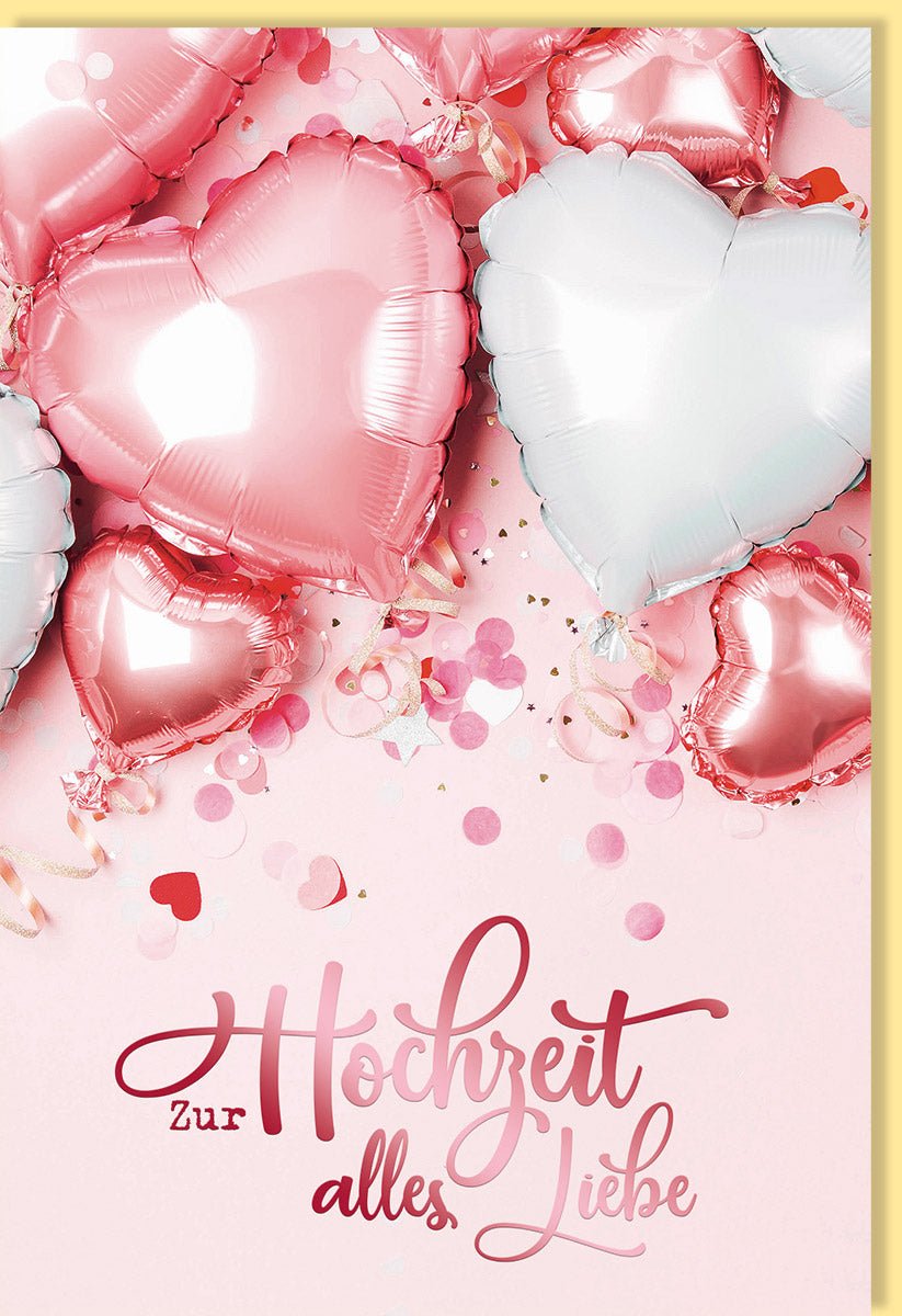 Hochzeits - Doppelkarte mit herzförmigen Luftballons in Weinrot & Rosa, Metallicfolie, Romantische Glückwunschkarte für Paare, Liebe & Feier - Ideal für Verlobung, Jubiläum, Valentinstag & Brautpaar Celebration