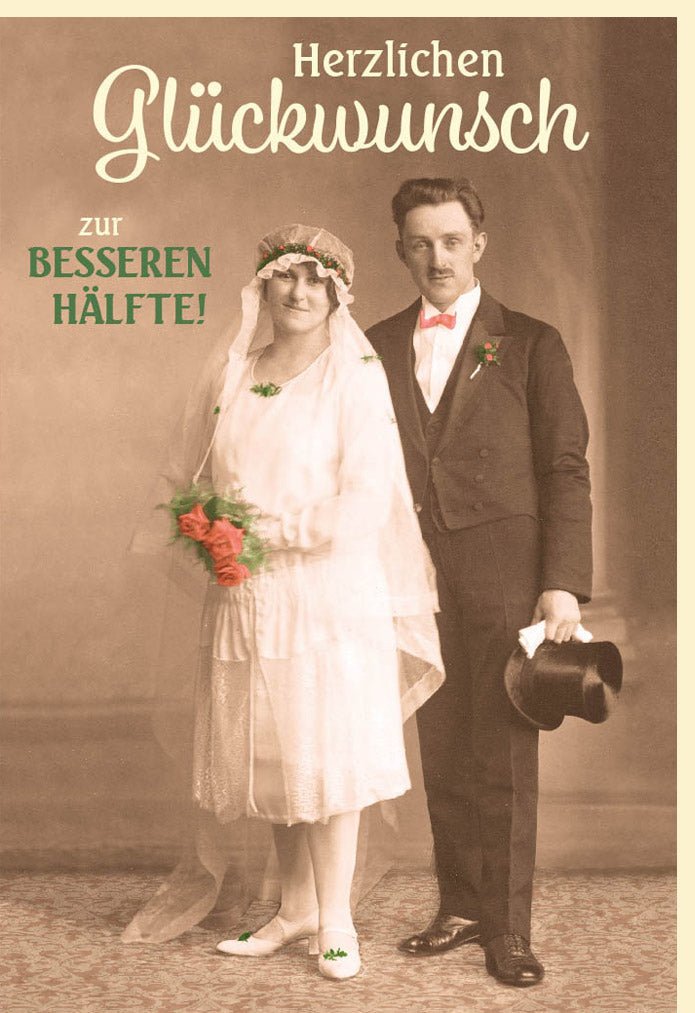 Hochzeits - Doppelkarte mit Humor: Lustige Retro Glückwunschkarte im Vintage Sepia - Stil - "Herzlichen Glückwunsch zur Ehe" für Brautpaar, bessere Hälfte, Freunde & Familie in Beige