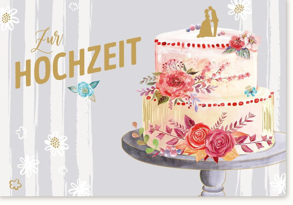 Hochzeits - Doppelkarte mit Torte & Blumen Illustration - Liebevolle Glückwunschkarte zur Feier des Ehepaars