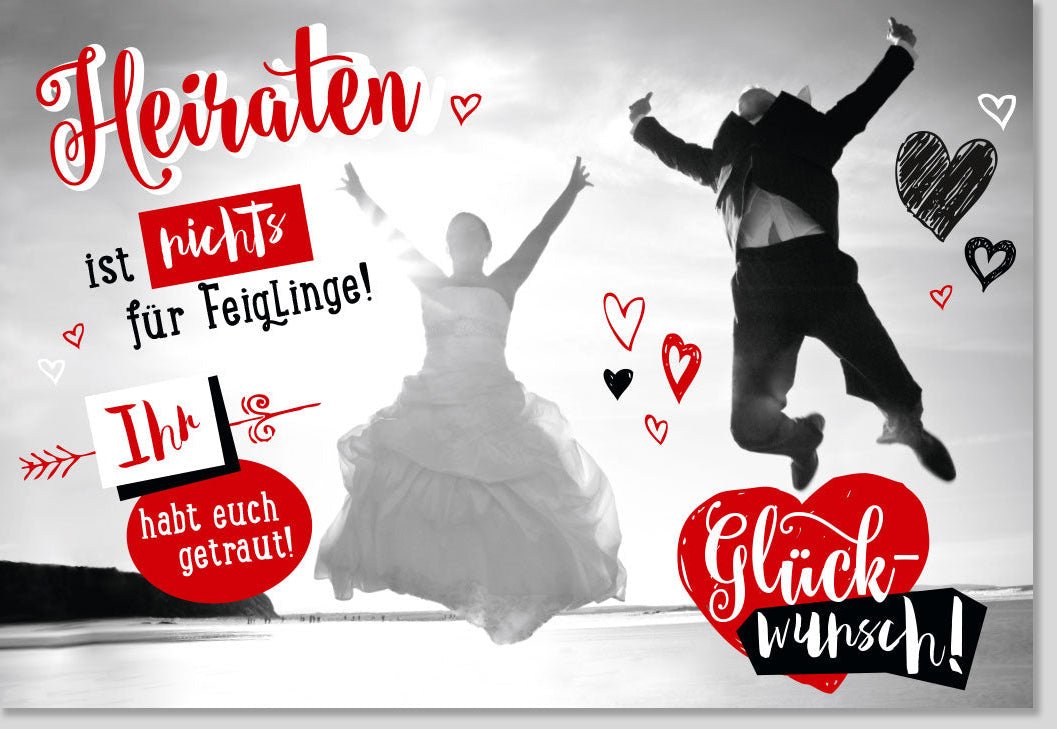 Hochzeitsglückwünsche Doppelkarte - Moderne Glückwunschkarte zur Hochzeit mit Luftsprung - Motiv, Liebe & Heiraten, Kreativ für Brautpaar in Schwarz, Weiß & Rot - Originelle Gratulation zur Ehe für Paare und Freunde