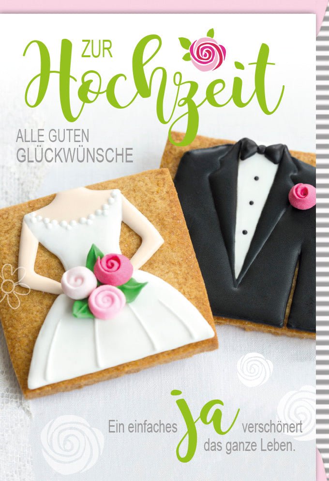 Hochzeitsglückwunschkarte – Elegante Doppelkarte mit Brautpaar, Keksen & Anzug - Motiv, Liebe & Ehe Gratulation zur Hochzeitsfeier