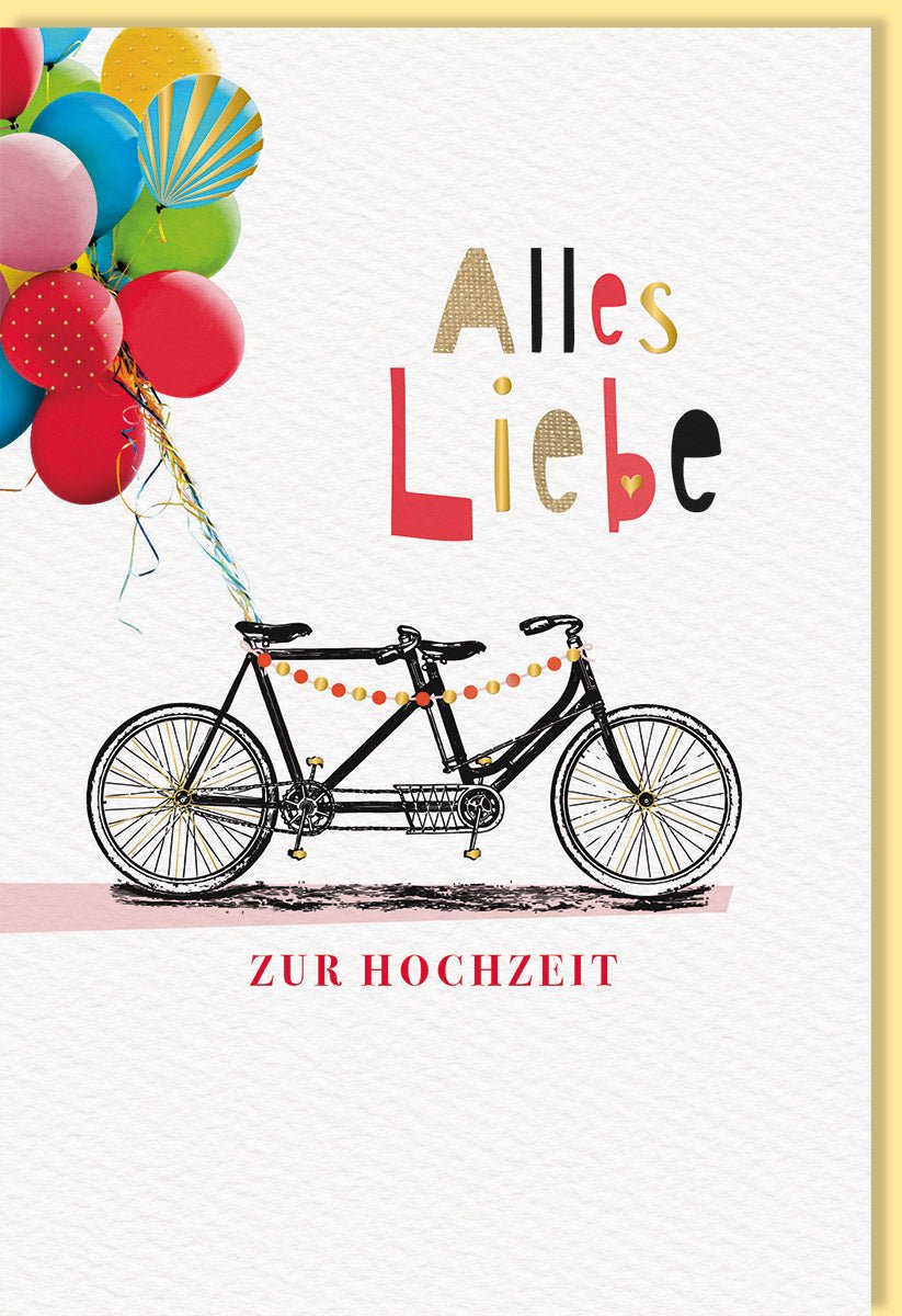 Hochzeitsglückwunschkarte "Tandem der Liebe" - Handgemachte Doppelkarte mit Luftballons, Naturkarton & Goldfolie, Bunte Romantische Fahrrad - Motiv für Brautpaar & Hochzeitsgäste, Umweltfreundliche Qualität