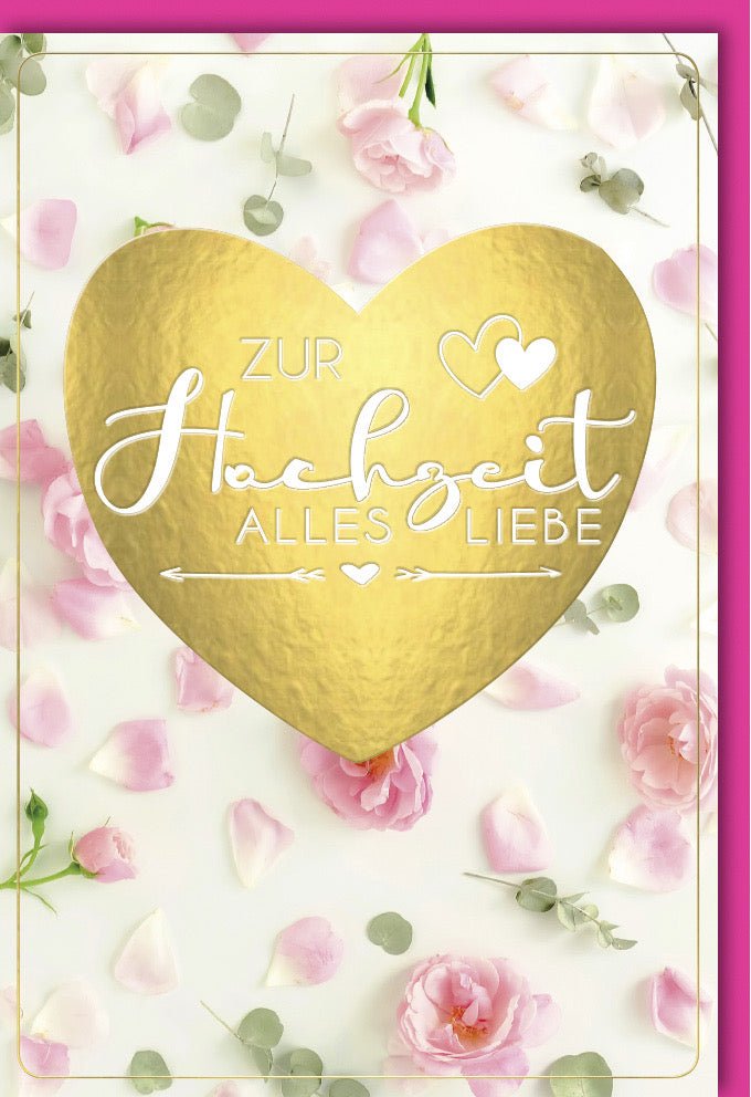 Hochzeitskarte Doppelkarte - Elegante Glückwunschkarte mit Herzen & Blumen in Rosa/Gold, Romantische Liebe & Zärtlichkeit für Verlobung, Jubiläum & Ehe Celebration