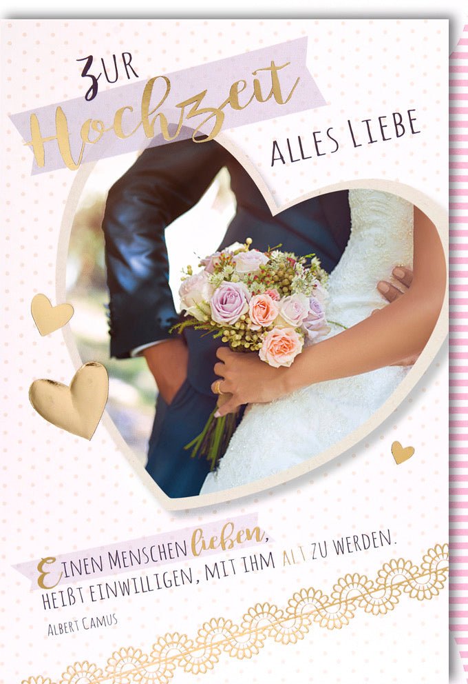 Hochzeitskarte Doppelkarte - Herzlichen Glückwunsch zur Ehe, Liebevolle Glückwunschkarte für Brautpaar mit Blumenstrauß & Herzen, Feierliche Zeremonie