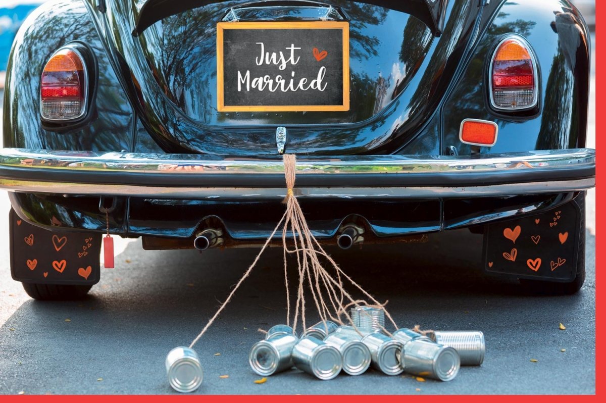 Hochzeitskarte Doppelkarte "Just Married" - Vintage Auto mit Dosen & Herz, Liebevolle Glückwunschkarte für Brautpaar, Retro Ehe Feier