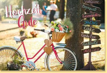 Hochzeitskarte Doppelkarte mit Fahrrad & Holzherzen - Romantische Glückwunschkarte für Paare, Vintage Blumenkorb & Wegweiser Design, Liebevolle Karte für Brautpaar, Frühlings - /Sommerhochzeit in Beige & Rosa