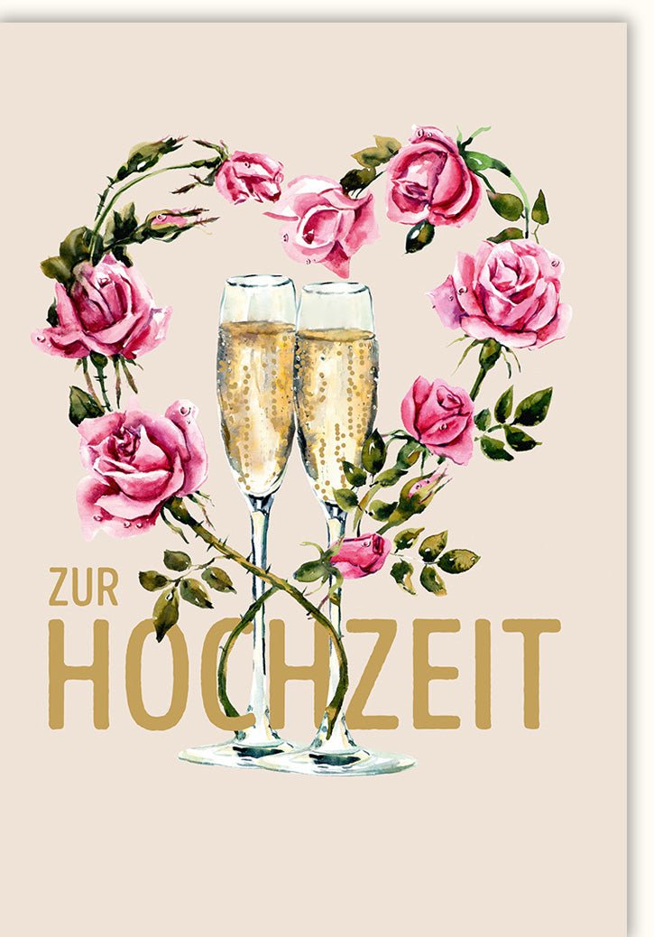 Hochzeitskarte Doppelkarte mit Sektgläsern & Rosenmotiv - Herzlichen Glückwunsch zur Hochzeit, Liebe & Romantik, Feierliches Anstoßen, Champagner Toast, Elegantes Blumendekor im Vintage - Stil für das Ehepaar