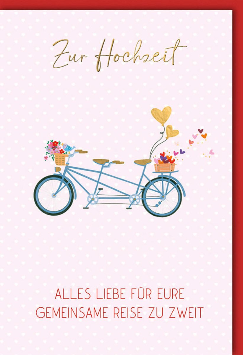 Hochzeitskarte Doppelkarte - Romantische Gutscheinkarte mit Tandem - Fahrrad Motiv, Liebe & Zweisamkeit, Herzen & Blumen Design, Perfekt für Glückwünsche & Geschenke an das Ehepaar, Feier der Gemeinsamen Reise