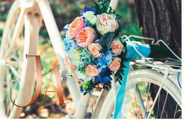 Hochzeitskarte Doppelkarte - Vintage Fahrrad mit Blumenstrauß, Romantische Glückwunschkarte zur Ehe, Brautpaar Feier, Liebe & Romantik Design