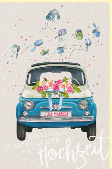 Hochzeitskarte für Frischvermählte - Vintage Just Married Hochzeitsauto Motiv mit Brautpaar, Blumenstrauß in Blau & Rosa, Retro Liebe & Glückwünsche zum Hochzeitstag, Ideal für Gratulation an Paare