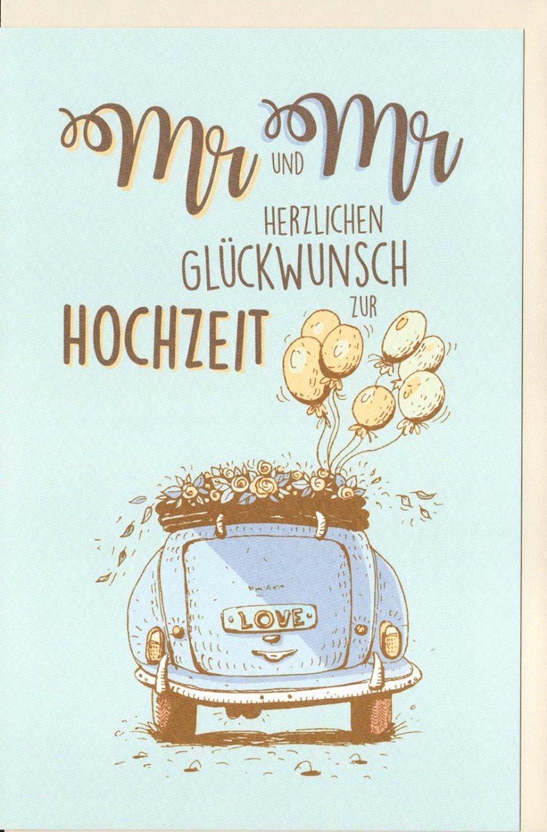 Hochzeitskarte für Homoehe: Vintage Auto & Luftballons Design, Glückwunschkarte "Mr & Mr" - Liebevolle Retro - Karte für Gay Couple