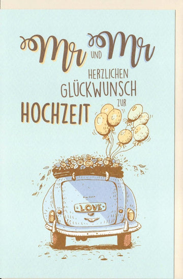 Hochzeitskarte für Homoehe: Vintage Auto & Luftballons Design, Glückwunschkarte "Mr & Mr" - Liebevolle Retro - Karte für Gay Couple