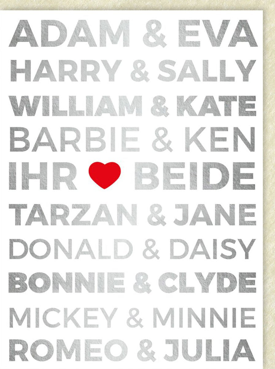 Hochzeitskarte für Paare - Glückwunsch Liebe Doppelkarte mit Berühmten Duos: Adam & Eva, Harry & Sally, Barbie & Ken, Tarzan & Jane, Bonnie & Clyde, Mickey & Minnie, Romeo & Julia - Herzdesign