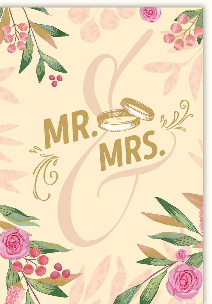 Hochzeitskarte Glückwunsch - Elegante Doppelkarte mit Mr & Mrs, Eheringen und Blumenmotiv, Romantische Liebe & Heirat Gratulationskarte für Verlobung und Paar, Marriage Wedding Congratulations Card