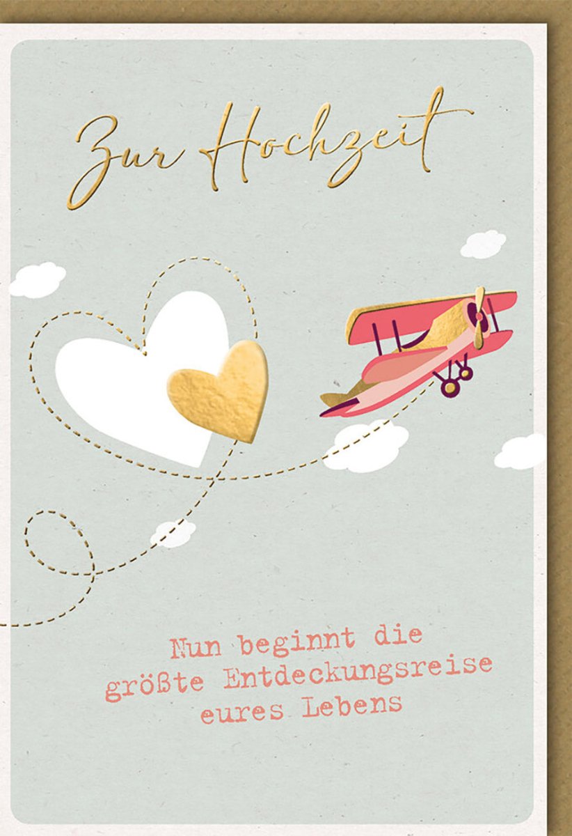 Hochzeitskarte Glückwunsch - Vintage Fliegerherz Design für Brautpaar - Liebe & Abenteuer Doppelkarte, Beige Luftpost - Stil für Paare, Freunde & Familie - Entdeckungsreise ins Eheleben