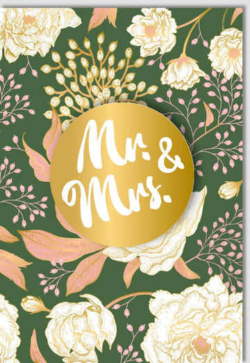 Hochzeitskarte Glückwunschkarte - Elegante Doppelkarte für Hochzeit, "Mr & Mrs" in Gold, Grüne Blüten Applikation, Moderner Schriftzug, Liebevolles Paar - Design für Feierliche Anlässe