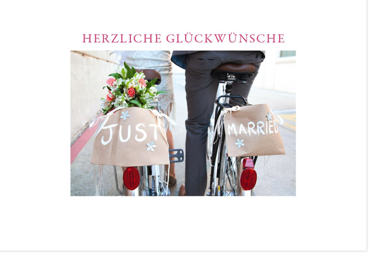 Hochzeitskarte Glückwunschkarte "Just Married" Fahrrad - Romantische Doppelkarte für Ehepaar, Liebe & Feier mit Blumenstrauß - Brautpaar Hochzeitsglückwünsche, Marriage Wedding Congratulations Card