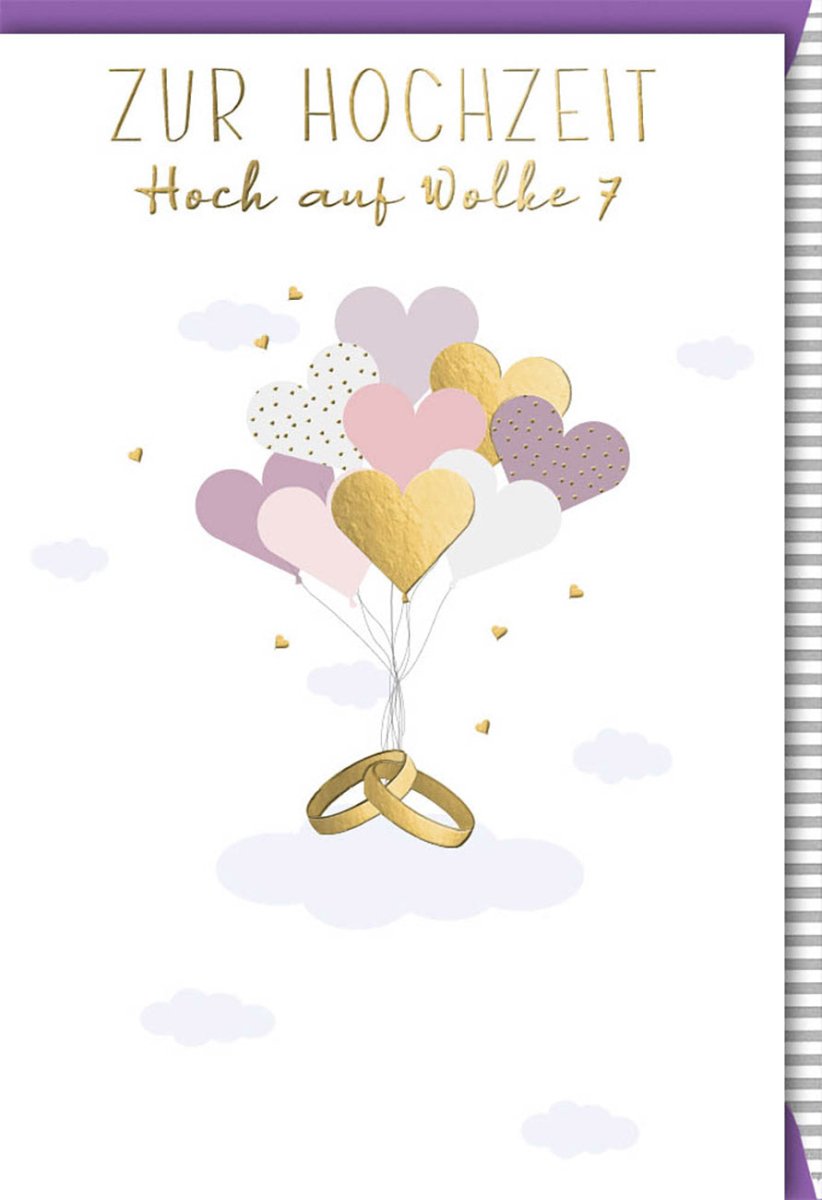 Hochzeitskarte Glückwunschkarte - Liebevolle Eheringe & Herzen Design, Wolke 7 Motiv, Perfekt für Hochzeitssprüche & Gratulationen, Edle Doppelkarte mit Goldfolienprägung, Paar & Luftballons Motive