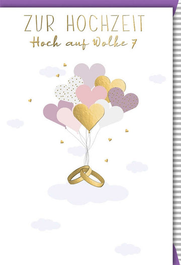 Hochzeitskarte Glückwunschkarte - Liebevolle Eheringe & Herzen Design, Wolke 7 Motiv, Perfekt für Hochzeitssprüche & Gratulationen, Edle Doppelkarte mit Goldfolienprägung, Paar & Luftballons Motive