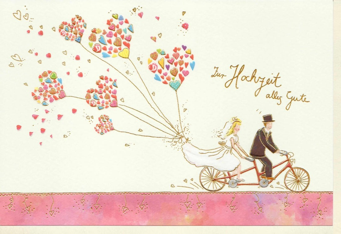 Hochzeitskarte Glückwunschkarte - Romantische Fahrrad - Brautpaar Motiv mit Luftballons, Herzen & Liebe - Elegante Gratulation zur Eheschließung