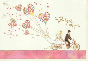 Hochzeitskarte Glückwunschkarte - Romantische Fahrrad - Brautpaar Motiv mit Luftballons, Herzen & Liebe - Elegante Gratulation zur Eheschließung