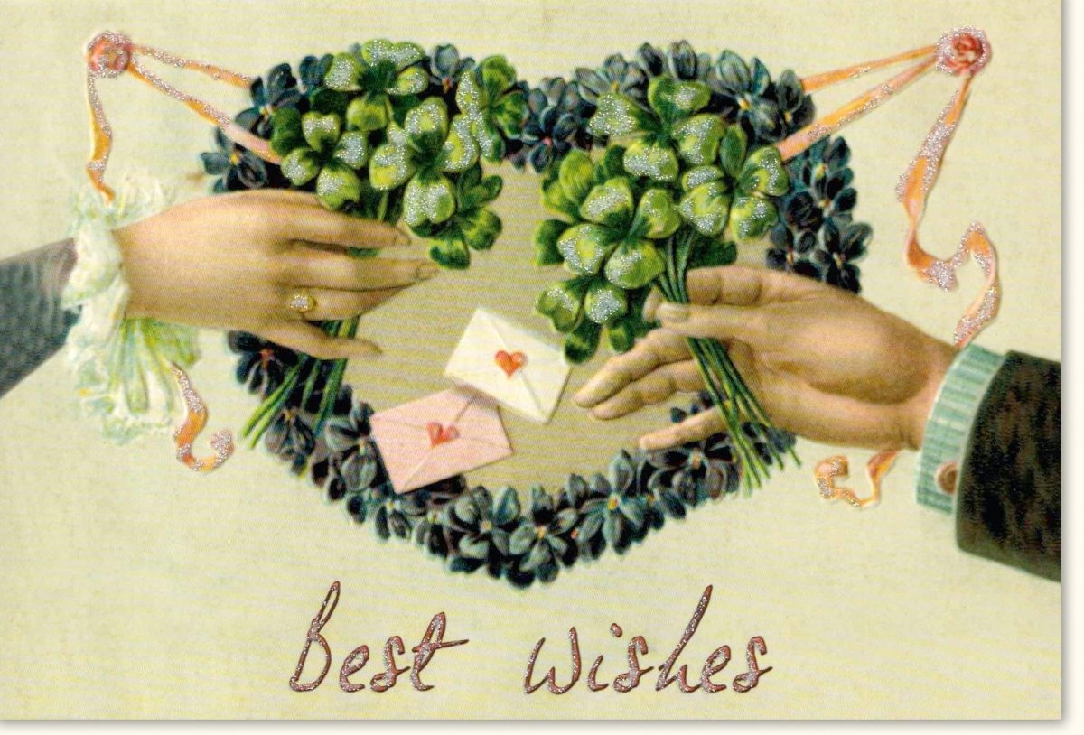 Hochzeitskarte Glückwunschkarte zur Heirat - Vintage Best Wishes Doppelkarte mit Herz & Kleeblatt, Nostalgische Liebe Grußkarte für Verlobung und Hochzeitsfeier, Retro Paar Hände Motiv für Festlichkeiten