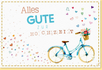 Hochzeitskarte Glückwunschkarte zur Hochzeit mit Fahrrad Blumenstrauß Herzen und Schriftzug Alles Gute zur Hochzeit in bunten Farben auf hochwertigem Papier mit Umschlag