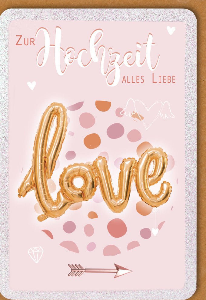 Hochzeitskarte Premium Doppelkarte - Glückwunschkarte mit Love - Motiv, Herz & Pfeil, Rosa Gold Punkte, für Liebevolle Hochzeitsglückwünsche und Feier des Ehepaares