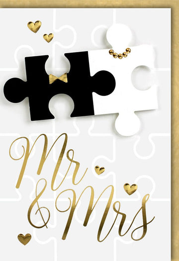 Hochzeitskarte "Puzzle of Love" - Elegante Glückwunschkarte für Mr & Mrs, Gold Schwarz Weiß Design mit Herzen, Stilvolle Doppelkarte für Heirat & Verlobung