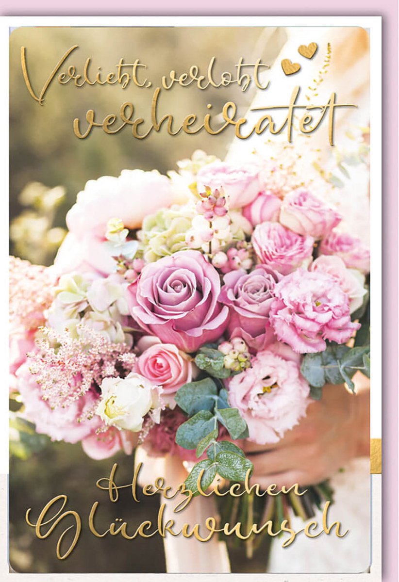 Hochzeitskarte - Romantische Glückwunschkarte zur Hochzeit mit Blumenstrauß, Herzen & Goldschrift für Verlobung und Ehepaar Feier