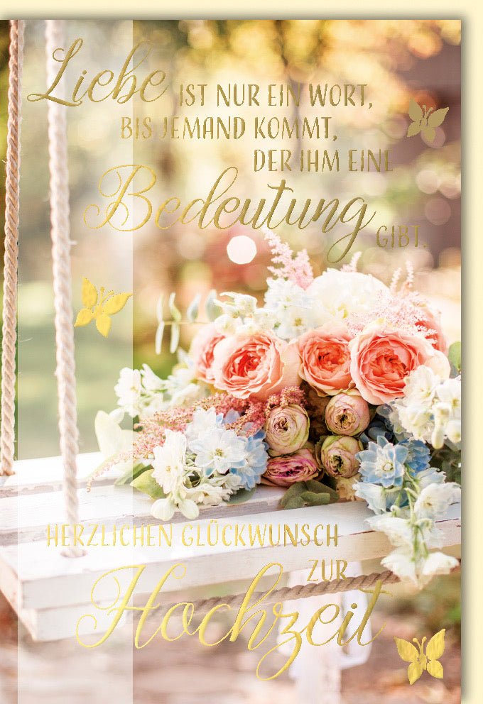 Hochzeitskarte Vintage - Stil mit Blumen & Schmetterlingen – Romantische Glückwunschkarte zur Ehe, Liebe & Feier