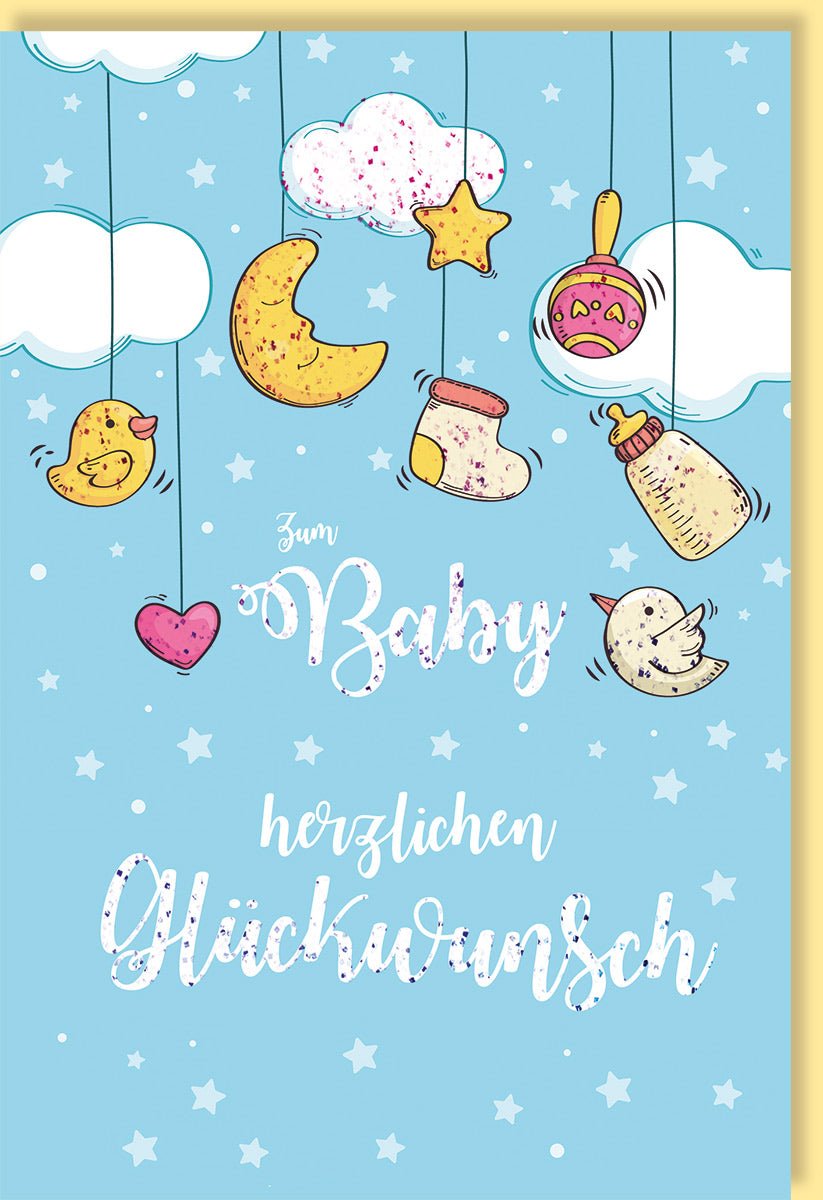 Hochzeitskarten Glückwunschkarten Hochzeit Doppelkarte mit Baby Motiv Enten Herz Mond Sterne Wolken Fläschchen Socken Vogel zum Baby herzlichen Glückwunsch mit Umschlag