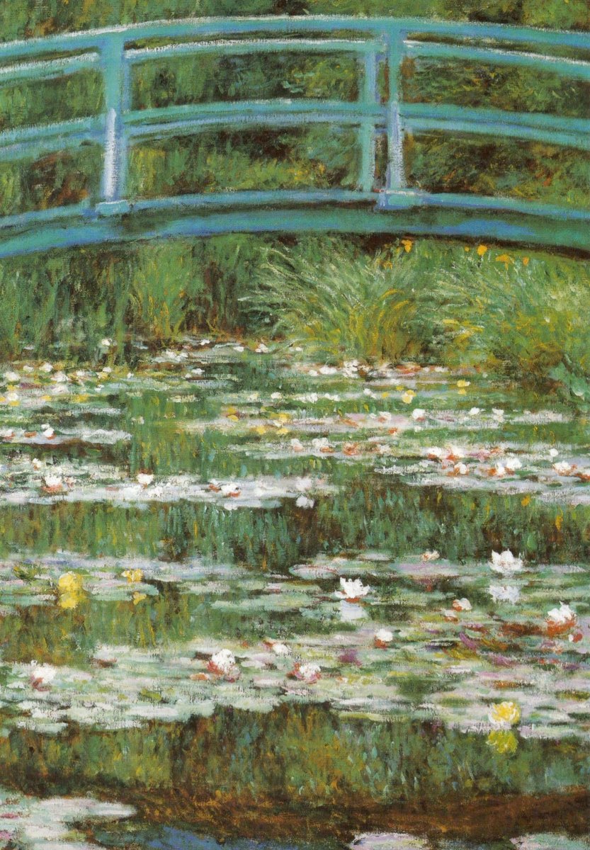 Impressionismus - Kunstpostkarte – Claude Monet 'Seerosenteich mit Brücke' in Giverny, Garten - & Teichmotiv, Blumen & Natur in Grüntönen für Entspannung, Sammler & Kunstliebhaber