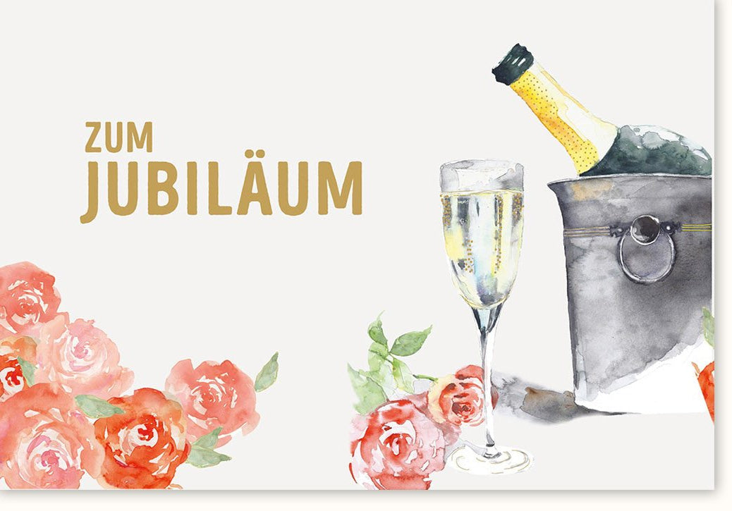 Jubiläumskarte für besondere Feierlichkeiten - Elegante Doppelkarte mit Sekt, Rosen & Champagner - Motiv, Ideal zum Anstoßen & Gratulieren, Glückwunsch & Toast Design, Festliche Blumen Celebration Anniversary Karte