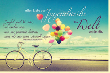 Jugendweihe Glückwunschkarte mit Vintage - Fahrrad, Bunten Luftballons & Meer - Motiv, Inklusive Umschlag & Inspirierendem Text