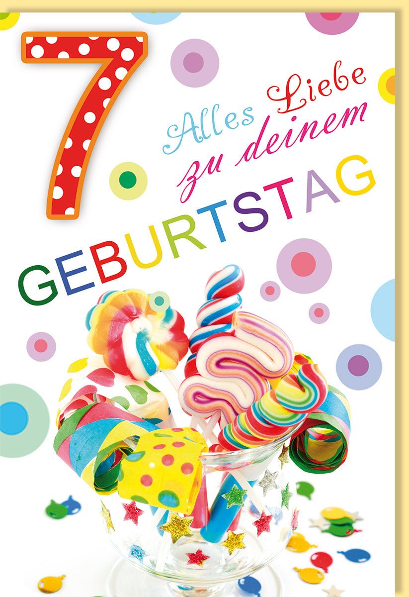 Kindergeburtstag Doppelkarte - 7. Geburtstagskarte mit Süßigkeiten, Papiertröten & Konfetti Design - Bunte Einladung & Glückwunschkarte für Mädchen und Jungen - Fröhliche Party Deko Cheers Celebration