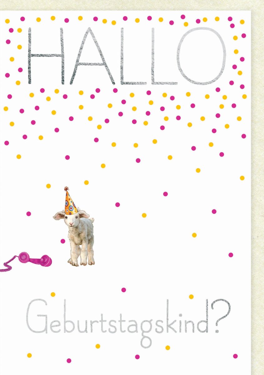 Kindergeburtstag Doppelkarte – Süßes Lamm mit Telefon & Partyhut, Bunte Punkte, Cartoon Glückwunschkarte "Hallo Geburtstagskind!"