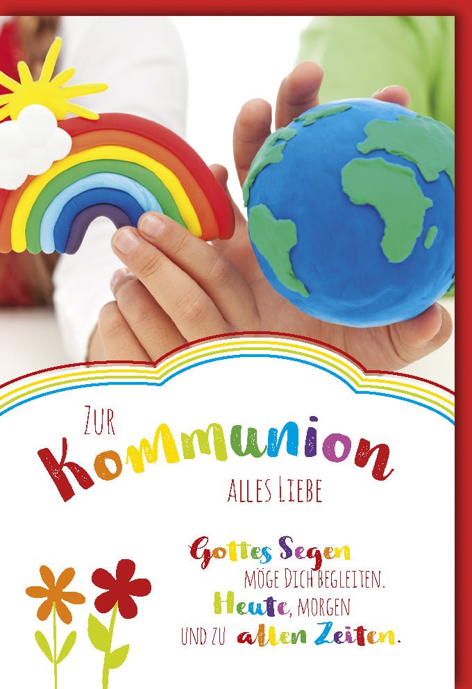 Kommunion Doppelkarte mit Regenbogen & Weltkugel - Bunte Glückwunschkarte zur Erstkommunion, Segenswunsch für Kinder & Familie, Christliche Feier, Sakrament der Kirche, Glaube & Spiritualität Geschenk