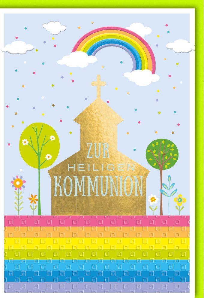 Kommunion Glückwunschkarte - Bunte Regenbogen Kirchenmotiv, Kinder Feier Sakrament, Christliche Zeremonie Frühlingsfest Karte