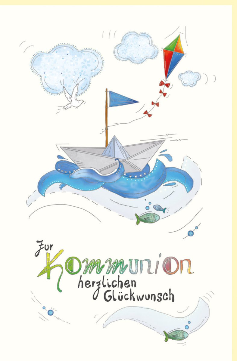 Kommunion Glückwunschkarte für Jungen - Segelboot und Fisch Motiv, Religiöse Zeremonie Grußkarte, Meer und Wolken Design, Sakrament des Christentums Feierkarte, Spirituelle Schifffahrt Meerestiere Doppelkarte
