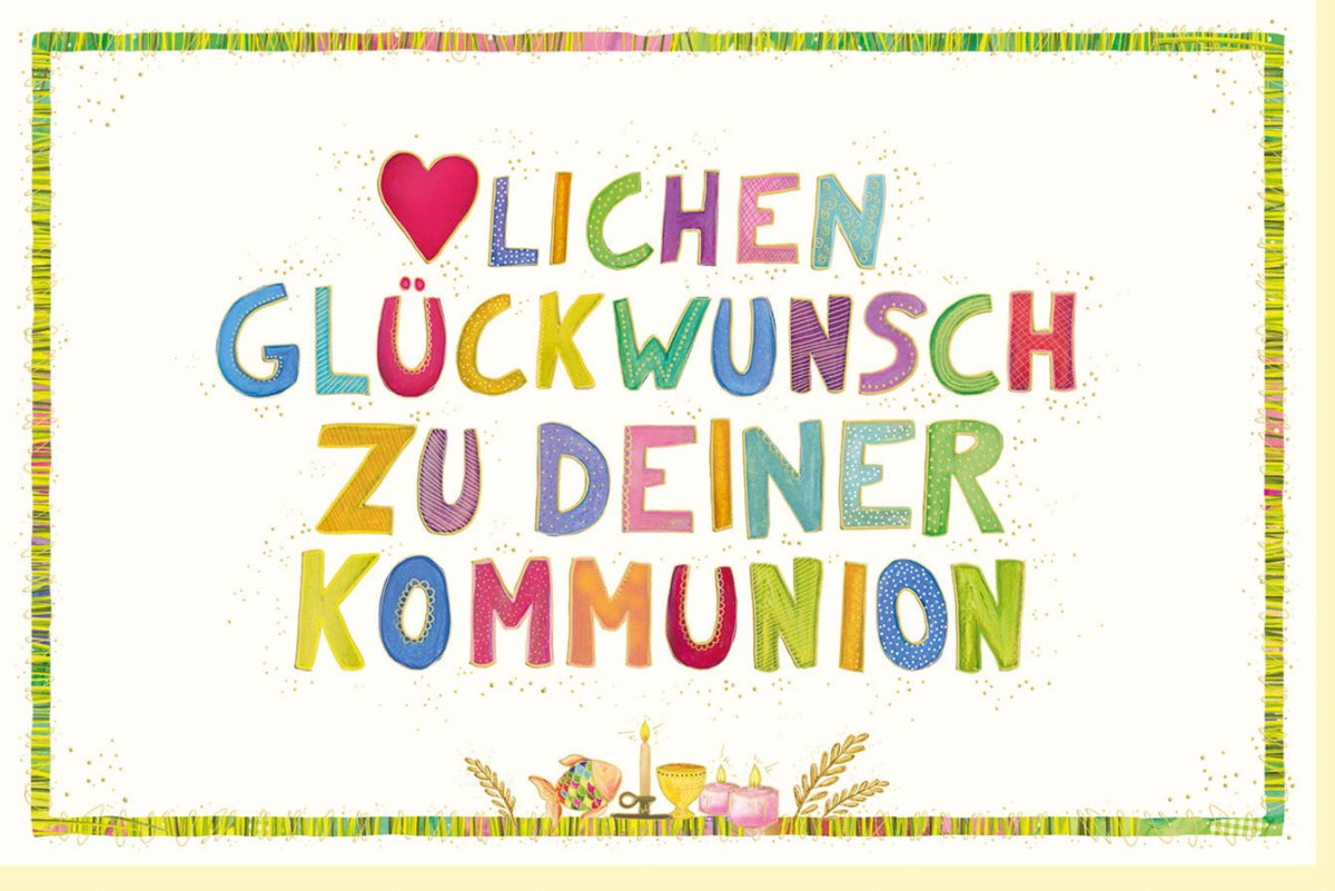 Kommunion Glückwunschkarte für Kinder - Persönliche Doppelkarte mit Herz & Skorpion Motiv, Religiöses Sakrament Design, Bunte Rot Grün Gelb Töne, Spirituelle Feierlichkeit im Christentum