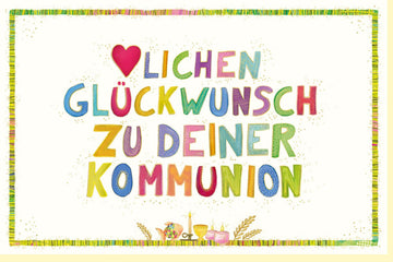 Kommunion Glückwunschkarte für Kinder - Persönliche Doppelkarte mit Herz & Skorpion Motiv, Religiöses Sakrament Design, Bunte Rot Grün Gelb Töne, Spirituelle Feierlichkeit im Christentum