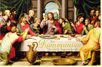 Kommunionskarte mit Segenswünschen - Glückwunschkarte zur Erstkommunion, Christliche Abendmahl Doppelkarte, Sakrament Feier, Kirchliches Motiv mit Jesus und Aposteln, Religiöse Grußkarte