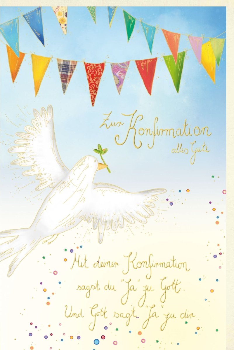 Konfirmation & Jugendweihe Glückwunschkarte - Friedenstaube mit Olivenzweig, Farbenfrohe Wimpelkette, Segen & Glaube Motiv, Spirituelle Feier Gratulationskarte, Celebration Doppelkarte