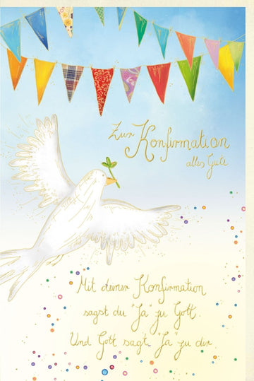 Konfirmation & Jugendweihe Glückwunschkarte - Friedenstaube mit Olivenzweig, Farbenfrohe Wimpelkette, Segen & Glaube Motiv, Spirituelle Feier Gratulationskarte, Celebration Doppelkarte