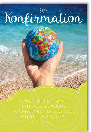 Konfirmations - Doppelkarte "Meer des Glaubens" - Handgemalte Globus - Motivkarte, Spiritualität & Segen, Blau Meeresschaum Design, Psalm - Vertrauen, Liebe & Hoffnung für Jugendliche, Christliche Feier