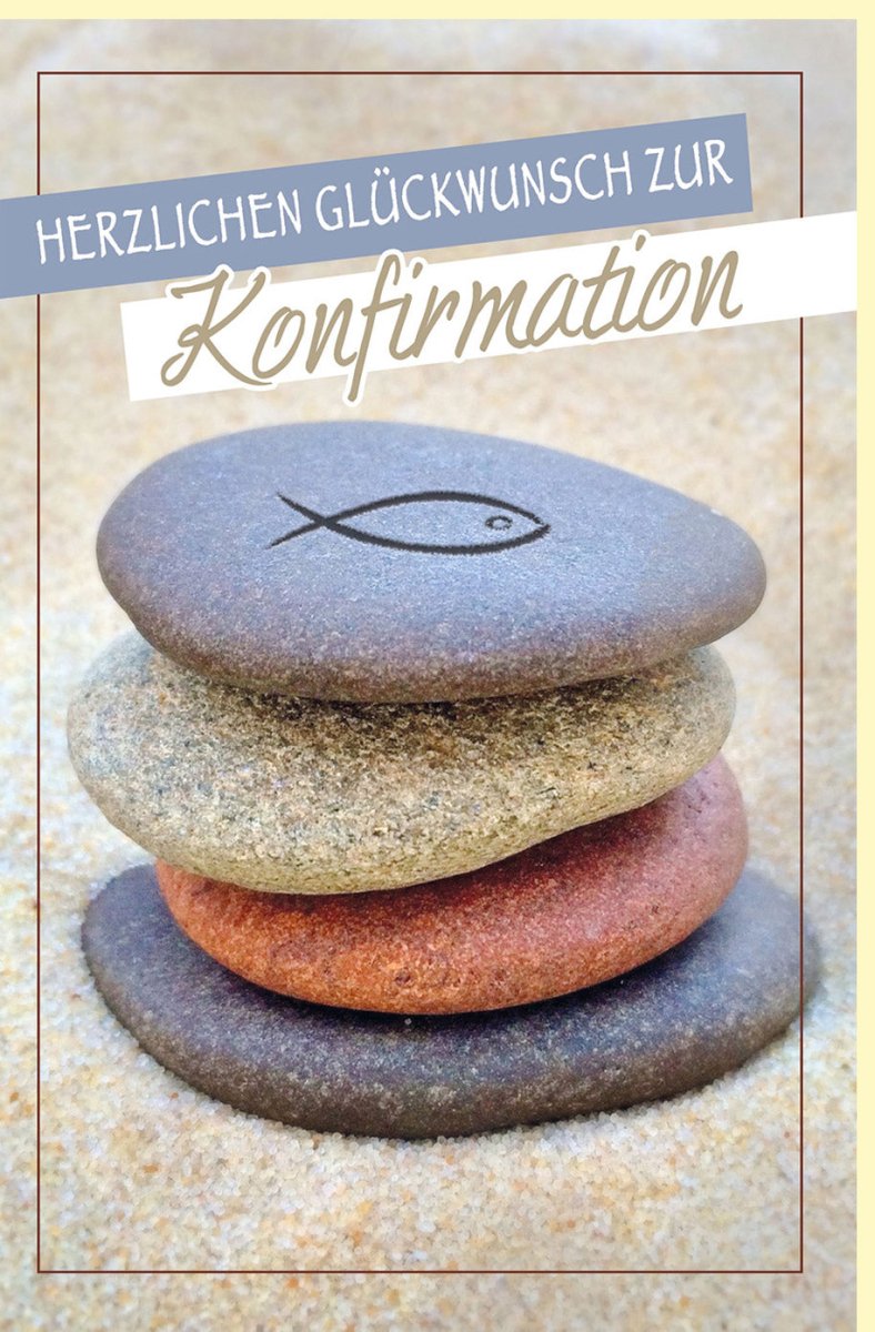 Konfirmations - Doppelkarte mit Fischsymbol und Steinstapel - Christliche Glückwunschkarte in Beige & Braun, Neutral & Stilvoll für Jugendliche & Erwachsene, Balance & Spiritualität, Natürliche Besinnlichkeit