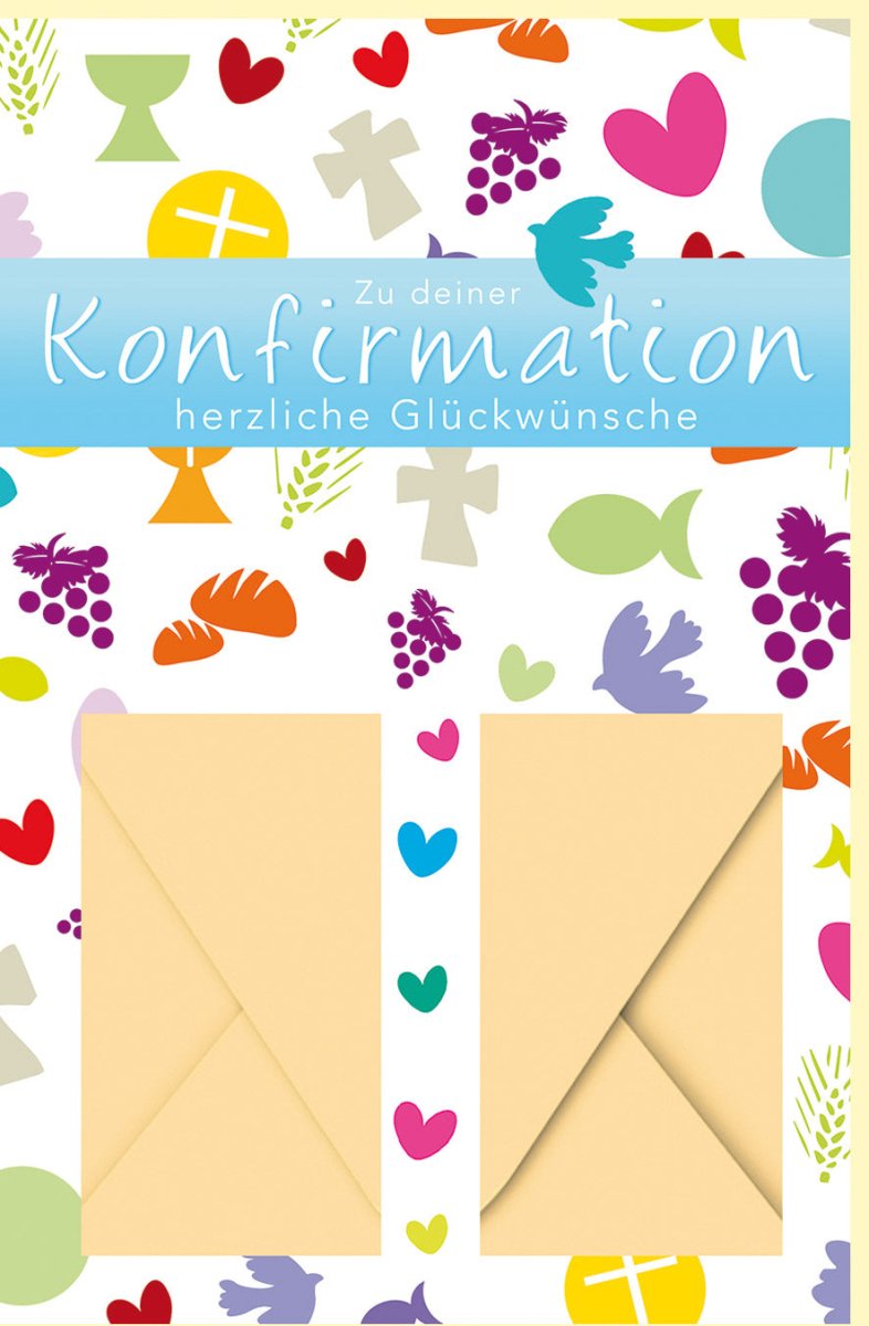 Konfirmations - Doppelkarte mit Geldkuvert - Moderne Glückwunschkarte für Jugendliche, Christliche Symbole, Taube, Kreuz & Fisch, Pastellgelb & Bunte Farben, Ideal als Konfirmationsgeschenk