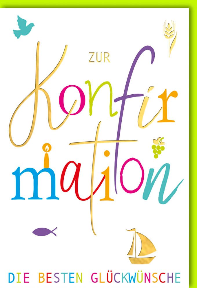 Konfirmations - Glückwunschkarte für Jugendliche - Bunte Buchstaben, Christliche Segenswünsche, Religiöse Feierkarte für Teenager, Familie & Freunde - Grün Blau Gelb Design, Spirituelle Übergangsfeier